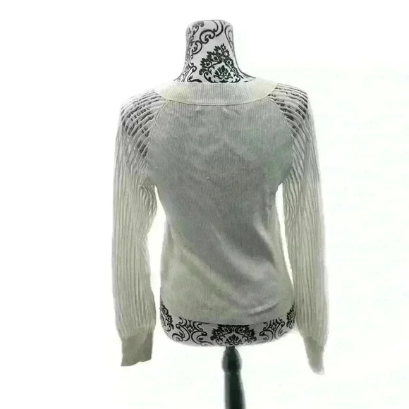 Club Monaco Women's Sheer Striped Lantern Sleeve Ribbed White Sweater, S - Picture 10 of 12